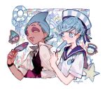  2others blue_eyes blue_hair blue_sailor_collar cookie_run dark-skinned_male dark_skin fins fish food hand_up head_fins holding holding_food holding_popsicle humanization innertube long_sleeves looking_at_another multiple_others peppermint_cookie popsicle sailor_collar sapphire_(nine) shell shirt simple_background sorbet_shark_cookie starfish swim_ring upper_body white_background white_hat white_shirt wristband 