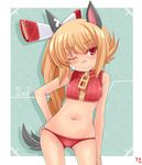  :&gt; animal_ears bad_id bad_pixiv_id bandages bare_shoulders blonde_hair copyright_request fang fang_out halter_top halterneck hand_on_hip hasu_(hk_works) long_hair navel one_eye_closed red_eyes scar side_ponytail smile solo tail zipper 