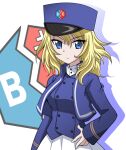  1girl bc_freedom_(emblem) bc_freedom_military_uniform blonde_hair blue_eyes blue_hat blue_jacket blue_vest closed_mouth commentary_request dress_shirt emblem frown girls_und_panzer hand_on_own_hip hanzou hat high_collar jacket kepi long_sleeves looking_at_viewer medium_hair messy_hair military_hat military_uniform oshida_(girls_und_panzer) partial_commentary pleated_skirt shadow shirt skirt solo standing uniform vest white_background white_shirt white_skirt 
