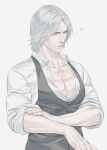  1boy bara beard bishounen blue_eyes closed_mouth collarbone dante_(devil_may_cry) devil_may_cry_(series) devil_may_cry_5 facial_hair highres large_pectorals long_hair male_focus mature_male muscular muscular_male open_clothes open_shirt parted_lips pectoral_cleavage pectorals shirt simple_background smile solo talgi upper_body white_background white_hair white_shirt 