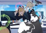  2girls absurdres animal_ear_headphones animal_ears apron belt_pouch binder blonde_hair blue_archive blue_bow blue_bowtie blue_ribbon blue_sky blurry blurry_foreground bow bowtie breast_hold breasts broom cat_ear_headphones cat_tail closed_mouth desk desk_lamp dress fake_animal_ears fake_tail halo hands_up headphones highres holding holding_broom indoors juliet_sleeves keyboard_(computer) lamp long_dress long_sleeves maid maid_apron medium_hair midori_(blue_archive) midori_(maid)_(blue_archive) momoi_(blue_archive) momoi_(maid)_(blue_archive) monitor multiple_girls open_mouth pouch puffy_sleeves ribbon round_teeth sidelocks sky tail teeth toki_(blue_archive) trembling two_side_up window yuki_hishaku 