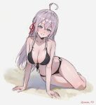  1girl absurdres ahoge alisa_mikhailovna_kujou arm_support artist_name bare_arms bare_shoulders bikini black_bikini blue_eyes blush breasts cleavage collarbone commentary_request grey_background grey_hair hair_ribbon highres large_breasts looking_at_viewer multiple_views red_ribbon ribbon seiza simple_background sitting smile solo sooon swimsuit thighs tokidoki_bosotto_roshia-go_de_dereru_tonari_no_arya-san 