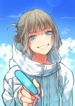  1boy baggy_clothes blue_eyes cropped_jacket fate/grand_order fate_(series) food grey_hair hair_bun holding holding_food holding_popsicle jacket long_sleeves looking_at_viewer male_focus oberon_(fate) oberon_(refreshing_summer_prince)_(fate) official_alternate_costume popsicle rkp short_hair single_hair_bun smile white_jacket 