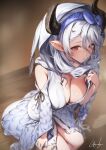  1girl black_horns blue_hairband blush breasts brown_eyes character_request cleavage from_above genyaky granblue_fantasy hair_between_eyes hair_ornament hairband horns izmir large_breasts long_hair long_sleeves looking_at_viewer pointy_ears signature sitting solo thighs white_hair 