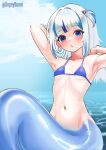  1girl armpits arms_up bikini blue_bikini blue_eyes blue_hair commentary dopeybunni english_commentary flat_chest gawr_gura hair_ornament highres hololive hololive_english kneeless_mermaid mermaid monster_girl multicolored_hair navel ocean shark_hair_ornament solo streaked_hair swimsuit twitter_username two_side_up white_hair 