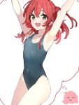  1girl alternate_costume armpits arms_up blue_one-piece_swimsuit blush bocchi_the_rock! breasts commentary_request creature gotoh_hitori gotoh_hitori_(octopus) green_eyes hair_between_eyes highres imagining kita_ikuyo looking_at_viewer medium_hair one-piece_swimsuit one_side_up open_mouth red_hair simple_background small_breasts smile swimsuit thighs thought_bubble ukitaryu white_background 