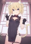  1girl :p absurdres animal_ears black_dress black_gloves black_panties blonde_hair blue_eyes breasts cat_ears cat_girl cat_tail china_dress chinese_clothes cleavage_cutout clothing_cutout commentary_request covered_navel double_bun dress gloves hair_between_eyes hair_bun hair_ornament hairclip highres hinata_(user_rjkt4745) indoors looking_at_viewer original panda_hair_ornament panties short_hair side-tie_panties small_breasts solo tail thigh_strap tongue tongue_out underwear w 