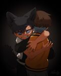  2boys animal_ears black_background black_hair brown_hair child clenched_teeth dark deviidog0 english_commentary green_eyes hands_up highres hug jacket letterman_jacket long_sleeves looking_at_viewer male_focus multiple_boys mutual_hug original scar scar_on_face scar_on_forehead scar_on_nose shirt short_hair simple_background tail teeth undercut upper_body very_short_hair white_shirt wolf_boy wolf_ears wolf_tail 