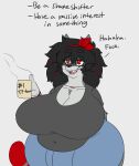2023 anthro big_breasts black_hair bottomwear breasts bulge clothing dialogue domestic_cat english_text felid feline felis gynomorph hair holding_mug holding_object huge_breasts intersex jason_markova machine mammal mug navel overweight pants red_eyes robertge robot simple_background smile solo tail text whiskers white_background wide_hips
