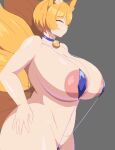  absurdres animal_ears bell bikini blonde_hair blue_bikini breasts closed_eyes collarbone covered_nipples fox_ears fox_girl fox_tail hand_on_own_hip highres huge_breasts large_breasts micro_bikini mionely navel neck_bell nude pixel_art short_hair smile swimsuit tail touhou yakumo_ran 