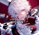  1boy baocaizi blood blood_on_clothes blood_on_face braid bungou_stray_dogs earrings eyepatch fang frills gloves hat highres jewelry long_hair long_sleeves looking_at_viewer male_focus necklace nikolai_gogol_(bungou_stray_dogs) one_eye_covered open_mouth red_gloves scar scar_across_eye shirt single_braid smile solo upper_body white_hair white_hat white_shirt yellow_eyes 