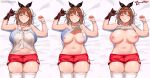  1girl absurdres areola_slip atelier_(series) atelier_ryza atelier_ryza_1 awesomeerix blush breasts brown_eyes brown_hair clothes_lift commentary english_commentary hair_ornament hairclip hat highres jewelry large_breasts looking_at_viewer lying multiple_views navel necklace nipple_slip nipples no_bra on_back open_mouth paid_reward_available plump red_shorts reisalin_stout shirt_lift short_hair short_shorts shorts sleeping thick_thighs thighhighs thighs underboob 