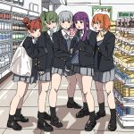  5girls :d :o :t alternate_costume black_footwear black_jacket black_socks blue_cardigan blunt_bangs bottle brown_hair cardigan cellphone commentary_request contemporary convenience_store double_bun fern_(sousou_no_frieren) full_body green_hair grey_hair grey_skirt hair_bun highres holding holding_another&#039;s_arm holding_bottle holding_phone indoors jacket kanne_(sousou_no_frieren) laufen_(sousou_no_frieren) lawine_(sousou_no_frieren) loafers long_sleeves multiple_girls open_clothes open_jacket perutore phone pleated_skirt pout purple_eyes purple_hair school_uniform shirt shoes shop short_hair side_ponytail skirt smartphone smile socks sousou_no_frieren standing twintails ubel_(sousou_no_frieren) white_shirt wing_collar 