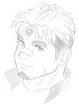  1boy akiha_gongen_(housamo) bandaid bandaid_on_face bandaid_on_nose bara facial_hair goatee high_collar highres horns light_smile looking_at_viewer male_focus monochrome multicolored_hair scar scar_across_eye scar_on_chin scar_on_face short_hair simple_background single_horn sketch solo thick_eyebrows tokyo_afterschool_summoners two-tone_hair undercut wasp_(anthyutena) white_background 