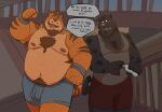 2024 anthro belly big_belly bottomwear clothing detailed_background dippubear duo english_text eyes_closed felid hi_res male mammal moobs nipples outside overweight overweight_male pantherine shirt shorts text tiger topwear walking