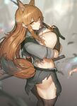  1girl alternate_breast_size animal_ear_fluff animal_ears arknights black_gloves black_skirt black_thighhighs blurry blurry_background breasts brown_hair closed_mouth commentary_request covering_breasts covering_privates elbow_gloves extra_ears fox_ears fox_girl fox_tail franka_(arknights) from_side gloves grey_shirt hair_between_eyes half_updo highres holding holding_sword holding_weapon huge_breasts long_hair looking_at_viewer melon22 scabbard sheath shirt skindentation skirt solo sword tail thighhighs thighs torn_clothes torn_shirt torn_skirt weapon yellow_eyes 