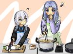  ? apron blue_eyes blue_hair blush bow bowtie butcher_knife caster cooking fate/apocrypha fate/stay_night fate_(series) frown frying_pan hand_to_own_mouth hozenkakari jack_the_ripper_(fate/apocrypha) ladle light_bulb long_hair multiple_girls pointy_ears pot radish scar short_hair silver_hair sketch stove sweater 