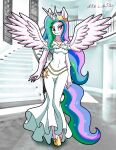 anthro blue_hair clothing crown dress equid equine feathered_wings feathers female friendship_is_magic fur green_hair hair hasbro headgear hi_res hooves horn horse jewelry long_hair mammal multicolored_hair my_little_pony mythological_creature mythological_equine mythology necklace nikku_lunatique pink_hair pony princess_celestia_(mlp) solo stairs standing unicorn white_body white_clothing white_fur winged_unicorn wings