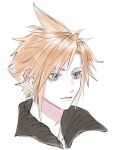  1boy aqua_eyes blonde_hair closed_mouth cloud_strife final_fantasy final_fantasy_vii final_fantasy_vii_advent_children grey_shirt looking_to_the_side male_focus pale_skin popped_collar portrait shirt short_hair shunkafuyu solo spiked_hair upper_body white_background 