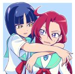  aozora_middle_school_uniform aqua_sailor_collar arms_around_neck blue_hair bob_cut commentary_request frown hair_between_eyes half-closed_eyes highres long_hair looking_at_another looking_back neckerchief open_mouth outline partial_commentary precure purple_eyes red_hair red_neckerchief sailor_collar school_uniform serafuku shiratori_yuriko shirt short_hair short_sleeves smile sweatdrop takizawa_asuka tropical-rouge!_precure usoco white_outline white_shirt yellow_eyes 