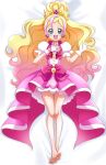  1girl barefoot bed_sheet blonde_hair bow bowtie commentary_request cure_flora dress earrings from_above full_body gloves go!_princess_precure hand_on_own_chest hanzou haruno_haruka highres jewelry long_hair looking_at_viewer lying magical_girl medium_dress multicolored_hair on_back on_bed open_mouth partial_commentary petticoat pink_bow pink_dress pink_hair precure puffy_short_sleeves puffy_sleeves red_bow red_bowtie short_sleeves smile solo streaked_hair tiara two-tone_hair waist_bow wavy_hair 