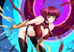  1girl adsouto breasts collarbone covered_nipples cutie_honey cutie_honey_(character) cutie_honey_universe facial_tattoo garter_straps gloves hand_on_own_thigh highres holding holding_sword holding_weapon large_breasts leaning_forward looking_at_viewer navel red_eyes red_hair short_hair signature smile solo sword tattoo thighhighs variant_set weapon yellow_gloves 