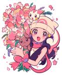  1girl absurdres animal_on_shoulder beanie black_vest blue_eyes blue_hair blush brown_fur buneary chueog commentary dawn dawn_(pokemon) flower hat highres on_head open_mouth pachirisu pink_scarf pink_theme pokemon pokemon_(creature) pokemon_dppt scarf shirt smile symbol-only_commentary tongue tulip upper_body vest white_background white_fur white_hat white_shirt white_tail 
