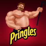  1boy absurdres bara beard belly biceps blue_eyes cane cropped_legs facial_hair full_beard highres holding holding_cane huge_pectorals julius_pringles lemz_(adrawingpotato) looking_at_viewer male_focus mature_male muscular muscular_male navel nipples one_eye_closed parody plump pringles sanpaku seductive_smile short_hair smile solo strongman_waist thick_eyebrows thick_mustache topless_male 