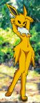 absurd_res anthro arms_above_head black_sclera breasts chest_tuft eeveelution featureless_breasts featureless_crotch female forest fur generation_1_pokemon hi_res jolteon looking_at_viewer mammal navel nikku_lunatique nintendo nude plant pokemon pokemon_(species) smile solo standing tree tuft white_body white_fur yellow_body yellow_fur