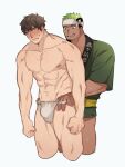  2boys abs averting_eyes bara bare_legs black_hair blush brown_hair clenched_hands couple cropped_legs dark-skinned_male dark_skin embarrassed facial_hair fundoshi goatee_stubble green_eyes green_hair green_happi hand_in_underwear headband highres ikusaba_daisuke japanese_clothes looking_at_another male_focus multiple_boys muscular muscular_male navel nipples pectorals protagonist_4_(housamo) short_hair simple_background stubble sweat tokyo_afterschool_summoners topless_male undercut veins veiny_arms veiny_crotch wanijima white_background white_headband yaoi 