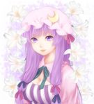  bad_id bad_pixiv_id breasts cleavage crescent etou_(cherry7) eyelashes flower hair_ribbon hat highres large_breasts light_smile lily_(flower) lips long_hair patchouli_knowledge purple_eyes purple_hair ribbon solo touhou 
