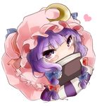  blush book bow chibi covering_mouth crescent dress from_above hair_bow hat heart long_hair patchouli_knowledge purple_eyes purple_hair ribbon sasagiri_yuuri simple_background solo touhou white_background 