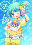  1girl ;d arm_up blue_background blue_eyes blue_hair bow commentary_request cowboy_shot hair_bun hair_ornament hand_on_own_hip looking_at_viewer multicolored_hair one_eye_closed open_mouth pink_hair pinon_(pripara) pretty_series pripara puffy_short_sleeves puffy_sleeves purple_hair rin_(ikura_meshi) short_sleeves shorts sidelocks single_side_bun smile solo sparkle speech_bubble standing star_(symbol) star_hair_ornament starry_background streaked_hair striped_bow ufo w yellow_shorts 