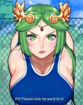  1girl absurdres ass azumanga_daioh bent_over blue_one-piece_swimsuit blush breasts chain-link_fence cleavage english_commentary english_text fence forehead_jewel green_eyes green_hair highres huge_breasts kid_icarus kid_icarus_uprising laurel_crown long_hair looking_at_viewer mariezone one-piece_swimsuit palutena parody pout scene_reference school_swimsuit solo subtitled swimsuit very_long_hair 