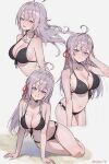  1girl absurdres ahoge alisa_mikhailovna_kujou arm_support arm_up artist_name bare_arms bare_shoulders bikini black_bikini blue_eyes blush breasts cleavage closed_mouth collarbone commentary_request cowboy_shot grey_background grey_hair hair_ribbon highres large_breasts looking_at_viewer multiple_views navel open_mouth red_ribbon ribbon seiza simple_background sitting smile sooon stomach swimsuit thighs tokidoki_bosotto_roshia-go_de_dereru_tonari_no_arya-san 
