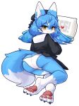 2023 3_toes anthro black_clothing blue_body blue_fur blue_hair blush butt canid canine cheek_tuft claws clothed clothing english_text eye_through_hair eyebrow_through_hair eyebrows facial_tuft feet female female_anthro fluffy fluffy_tail fox fur hair heart_symbol hi_res inner_ear_fluff long_hair looking_at_viewer looking_back looking_back_at_viewer lying mammal multicolored_body multicolored_fur on_side panties partially_clothed pawpads pillow pink_pawpads presenting presenting_hindquarters school_uniform simple_background smile solo tail text toes tofffffu translucent translucent_hair tuft two_tone_body two_tone_fur underwear uniform white_background white_body white_clothing white_fur white_hair white_panties white_pillow white_underwear yellow_eyes