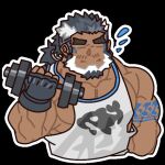  1boy =_= animal_print bara beard cropped_torso dark-skinned_male dark_skin facial_hair facing_viewer fish_print flying_sweatdrops full_beard holding_dumbbell indie_virtual_youtuber kaito_navigator male_focus mature_male muscular muscular_male mustache_stubble pectoral_cleavage pectorals reed_orison short_hair sidepec solo stubble tank_top thick_beard thick_eyebrows two-tone_beard virtual_youtuber white_tank_top 