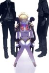  1girl 2boys aegis_(persona) android blonde_hair bow bowtie closed_eyes commentary_request digital_media_player full_body gekkoukan_high_school_uniform hairband hands_in_pockets head_out_of_frame headphones highres joints knees_together_feet_apart mechanical_legs mochizuki_ryouji multiple_boys on_chair persona persona_3 red_bow red_bowtie ribbon robot_joints scarf school_uniform short_hair sitting standing tokofu_u white_background yuuki_makoto_(persona_3) 