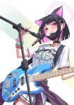  1girl :d animal_ears black_hair blue_archive blunt_bangs blush bracelet breasts cat_ears choker clothes_around_waist earrings electric_guitar fangs guitar hair_ornament hairclip instrument jewelry kazusa_(band)_(blue_archive) kazusa_(blue_archive) looking_at_viewer mask mask_pull microphone_stand mouth_mask multicolored_hair open_mouth pink_hair pleated_skirt red_eyes s.jeti short_hair skirt smile solo teeth two-tone_hair 