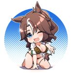  1girl animal_ears arm_support barefoot bikini black_bikini blue_background blue_eyes blush breasts brown_hair chibi commentary ear_ornament foreshortening gyaru_w highres horse_ears horse_girl horse_tail jewelry kneeling large_breasts long_hair looking_at_viewer mejiro_palmer_(umamusume) multicolored_hair navel no_nose open_mouth parted_bangs print_bikini shirt smile solo sparkle streaked_hair swimsuit tail thighs tied_shirt umamusume warashi white_background white_shirt yellow_bikini 