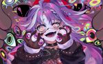  1girl bags_under_eyes black_choker black_nails black_shirt braid braided_bangs choker ear_piercing fang gloves grey_eyes highres holding_eyeball joey_ruvoa long_hair long_sleeves looking_at_viewer lower_teeth_only michi_mochievee multicolored_hair one_side_up open_mouth piercing purple_hair red_eyes shirt skin_fang smile solo stitched_face stitches streaked_hair teeth too_many_eyes torn_clothes torn_shirt virtual_youtuber vshojo white_hair 