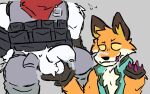 anthro ball_grab balls bear bodily_fluids breath canid canine clothing cum duo epic_games fennix_(fortnite) fortnite fox fur genital_fluids genitals green_clothing holding_penis kayne0744 male male/male mammal oral orange_body orange_fur penis polar_bear polar_patroller smile smiling_at_viewer smirk smirking_at_viewer spikes spread_legs spreading suit tongue tongue_out ursine white_body white_fur yellow_eyes