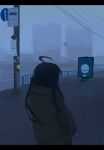  ahoge billboard building fog from_behind highres li_shay long_hair original road road_sign sign 
