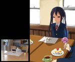  annoyed bad_id bad_pixiv_id black_hair cake cat commentary_request derivative_work food k-on! nakano_azusa parody reference_photo reference_photo_inset solo strawberry_shortcake twintails v_arms watanore 