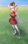  1girl absurdres animal_ears armpits arms_behind_head arms_up bag blue_sky blurry blurry_background boots breasts buttons double-breasted dress gloves gold_ship_(umamusume) grey_hair grin highres horse_ears horse_girl horse_tail long_hair on_grass outdoors panties red_dress red_eyes sky sleeveless sleeveless_dress smile solo standing tail umamusume umiwashi underbust underwear white_footwear white_gloves white_panties 
