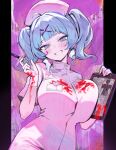  1girl absurdres blood blood_on_clothes blue_eyes blue_hair blunt_bangs blush breasts clipboard coat gloves hair_ornament hat hatsune_miku highres holding holding_clipboard holding_syringe large_breasts long_hair looking_at_viewer nogong nurse nurse_cap pink_coat pink_pupils pink_theme rabbit_hole_(vocaloid) solo syringe teardrop twintails upper_body vocaloid white_gloves x_hair_ornament 