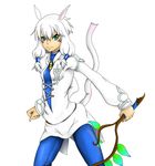  1girl animal_ears breasts cat_ears cat_tail catgirl final_fantasy final_fantasy_xiv green_eyes jewelry miqo&#039;te miqo'te necklace pants smile tail white_hair y&#039;shtola y'shtola 