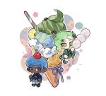  1boy 1girl afro blue_hair cherry chibi chibi_only commentary_request dark-skinned_male dark_skin food food_on_head fruit green_hair green_kimono highres holding holding_food ice_cream ice_cream_cone japanese_clothes kimono matcha_(food) object_on_head octoling octoling_boy octoling_girl octoling_player_character red_eyes rongyu1029 sandals simple_background splatoon_(series) splatoon_3 standing white_background yellow_eyes zouri 