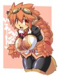  1girl :d animal_collar animal_ears animal_nose arms_under_breasts ascot bike_shorts border braid breasts cameltoe chromatic_aberration collar cropped_legs dwarf_(totomono) furry furry_female goggles goggles_on_head heart highres ken_to_mahou_to_gakuen_mono large_breasts leaning_forward looking_at_viewer pink_background red_ascot red_eyes red_hair short_sleeves smile solo tail takura_mahiro twin_braids white_border 