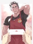  1boy absurdres apron arm_behind_head bara black_hair black_shirt blurry blurry_background blush bright_pupils cherry_blossoms confession facial_hair highres kosei_ginshari love_letter male_focus muscular muscular_male name_tag open_mouth original pov pov_hands red_apron shirt short_hair short_sleeves sideburns_stubble solo stubble sweatdrop teacher thick_eyebrows white_pupils 